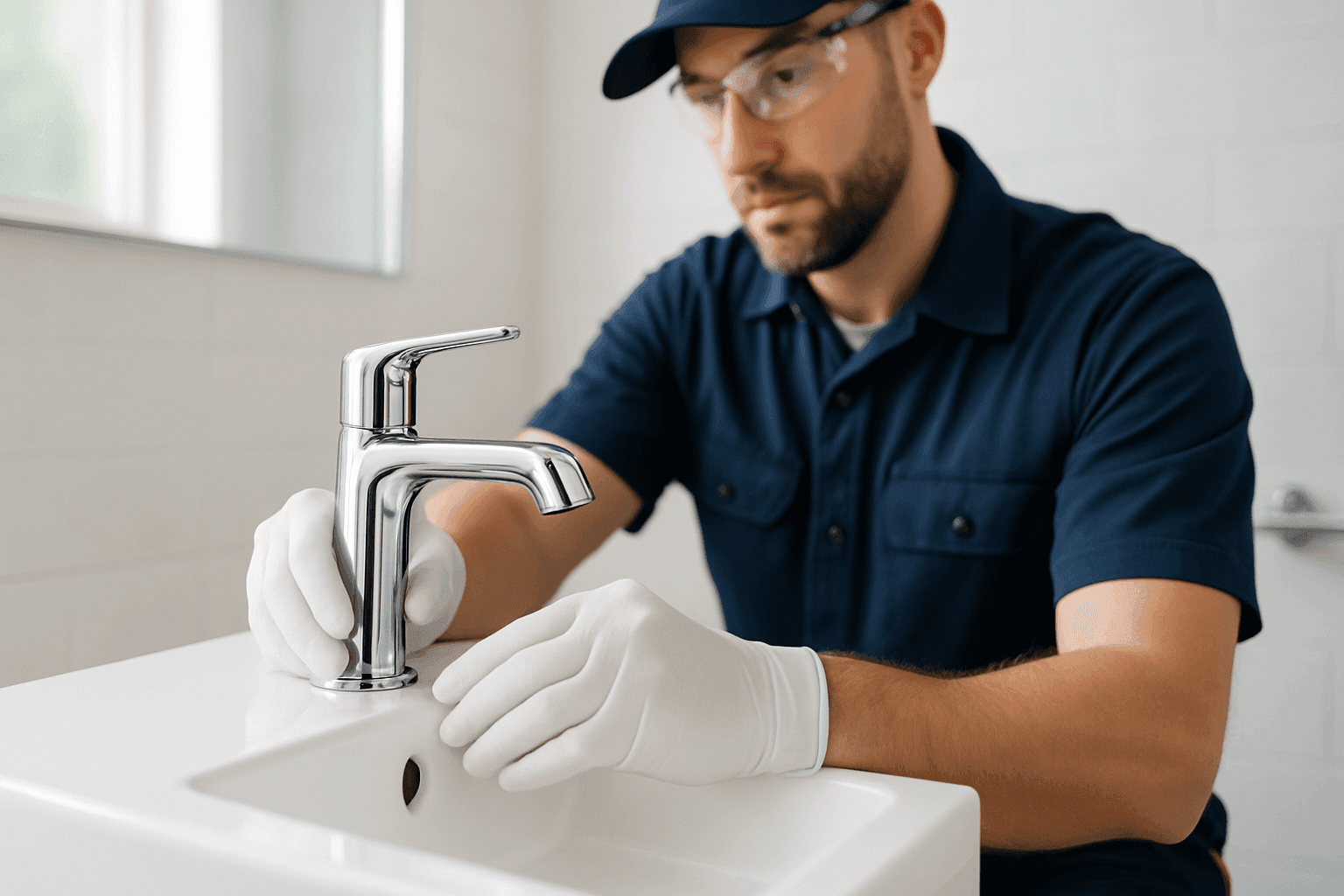 Plumber installing modern bathroom faucet on vanity sink