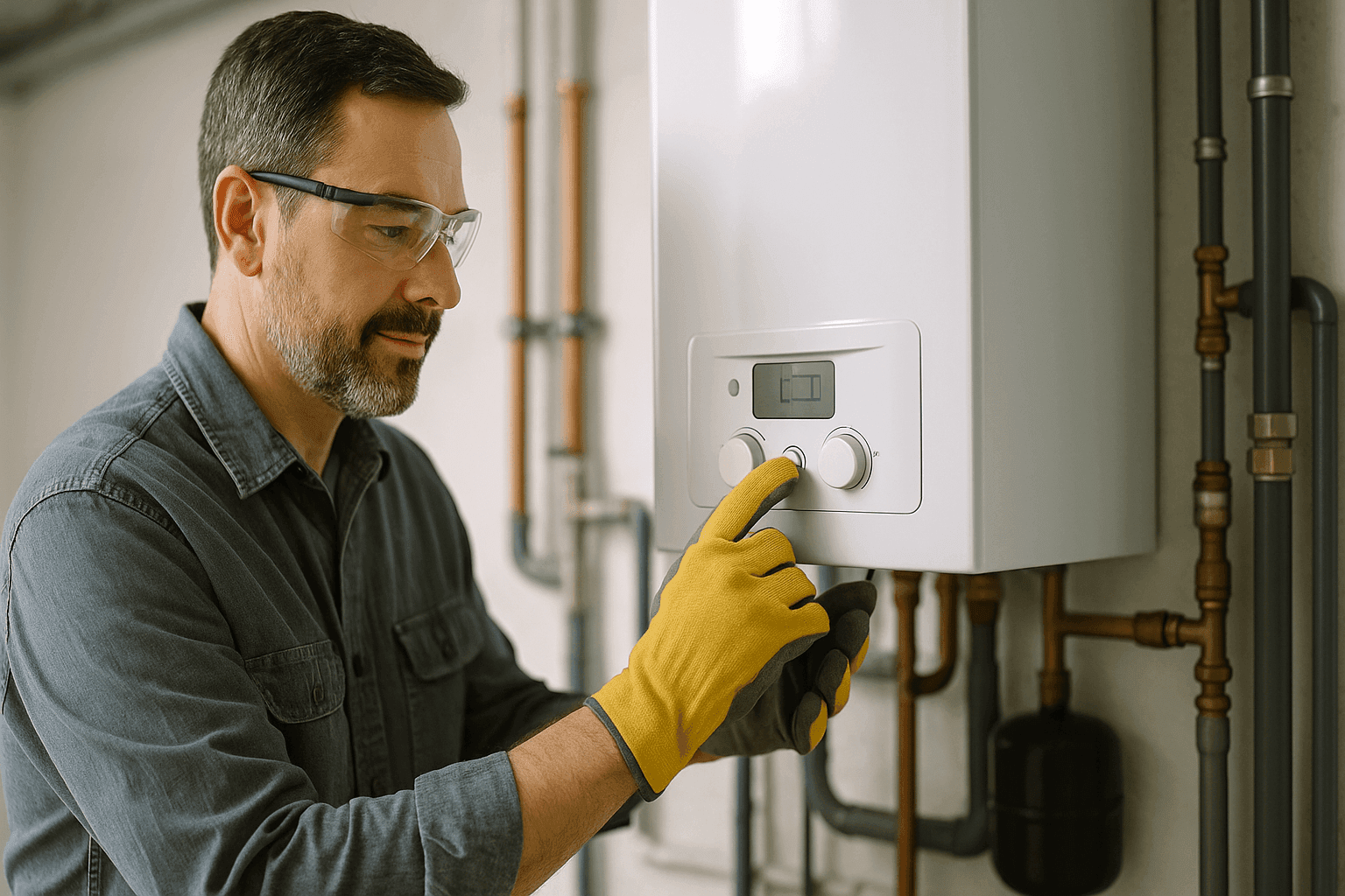 Homeowner checking boiler control panel in basement utility room