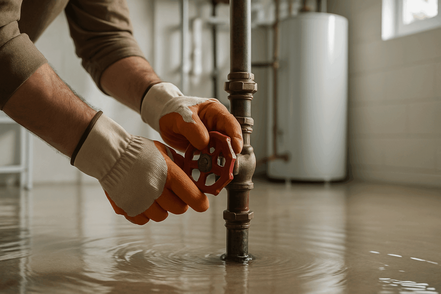 Homeowner shutting off water main valve in basement during plumbing emergency