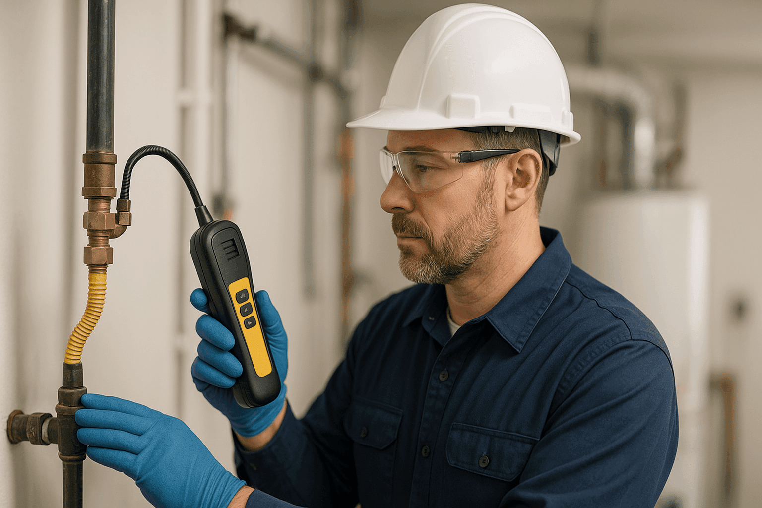 Plumber checking gas line connection with leak detector