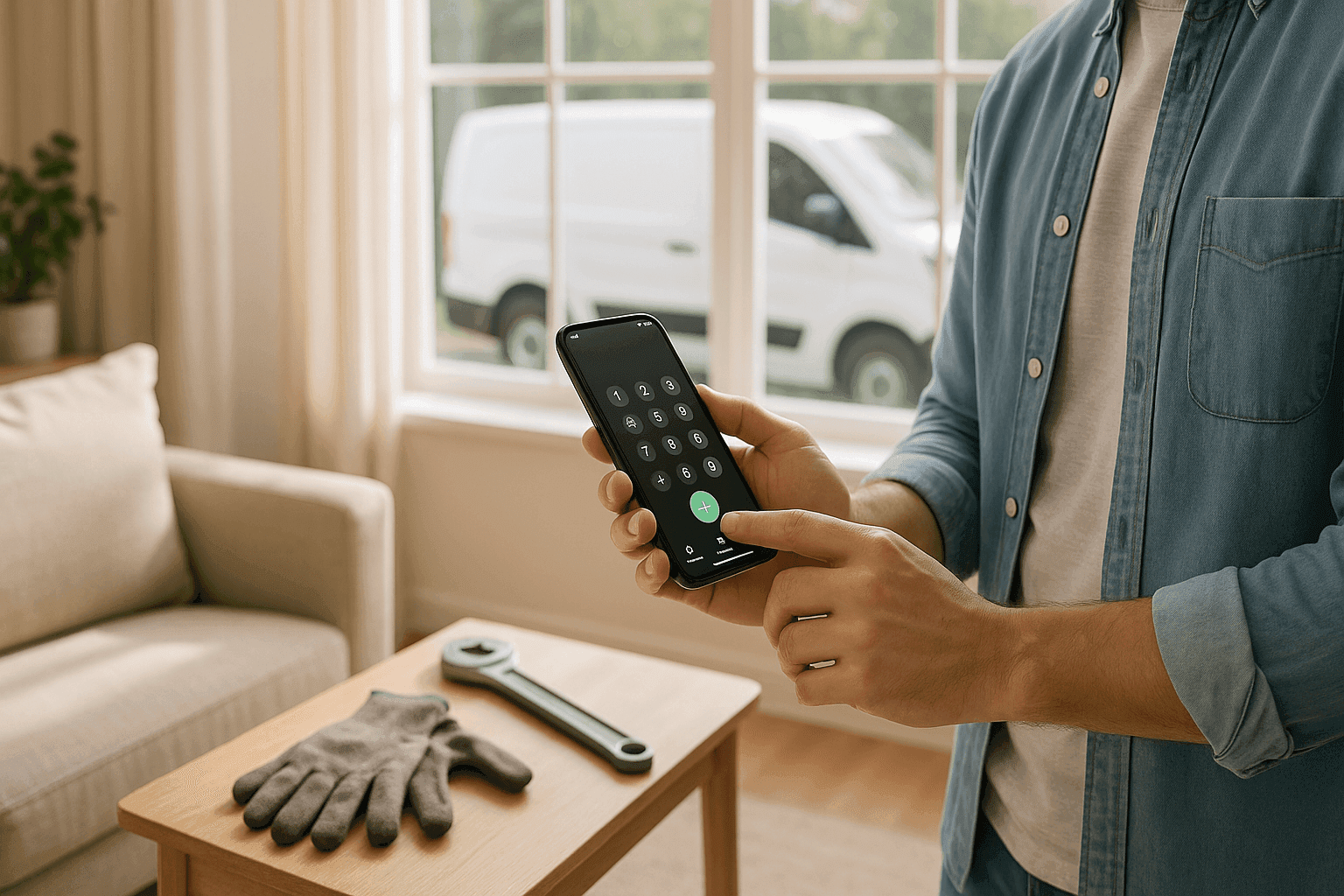 Homeowner calling licensed emergency plumber from living room phone