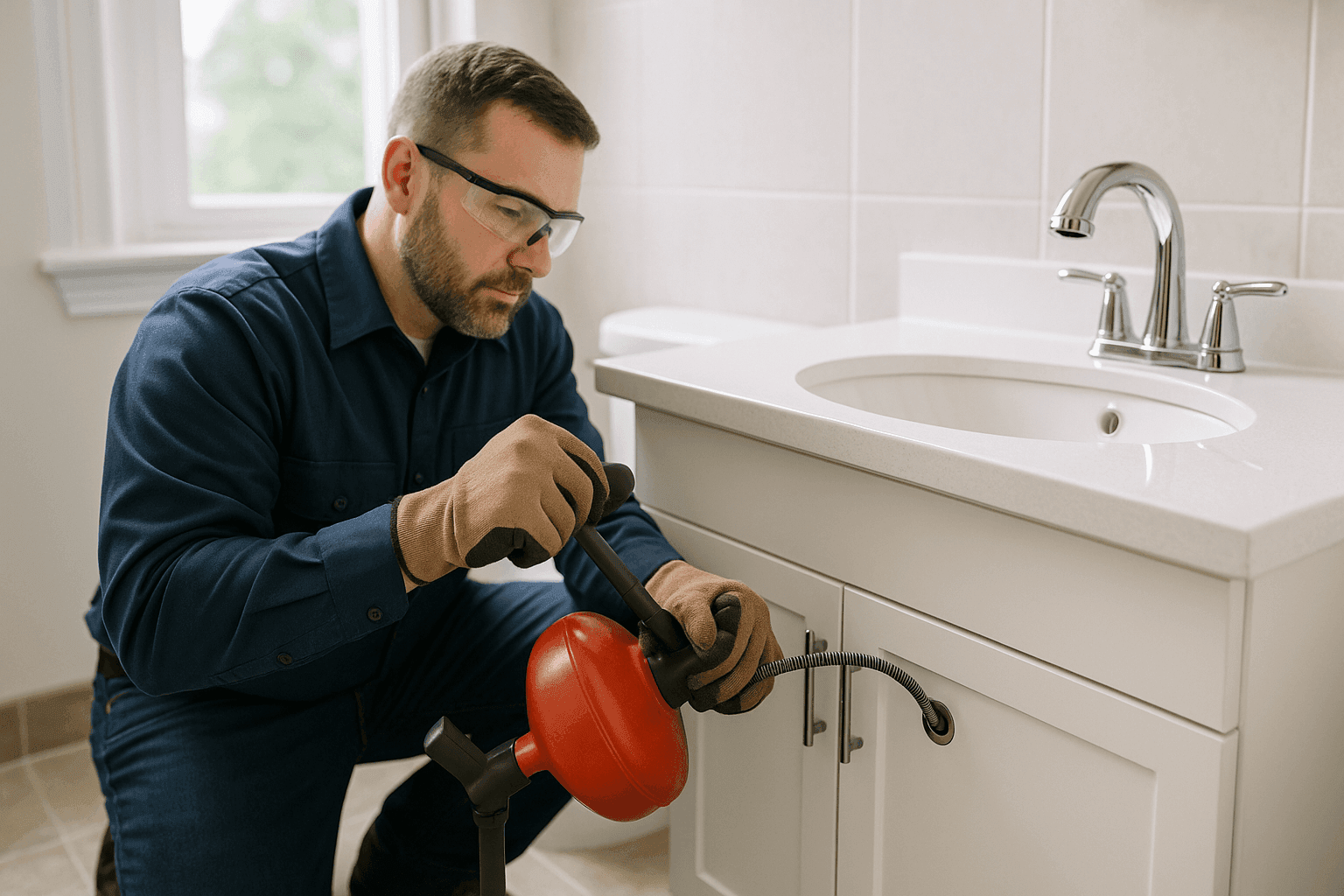 Technician using drain auger to clear residential bathroom sink