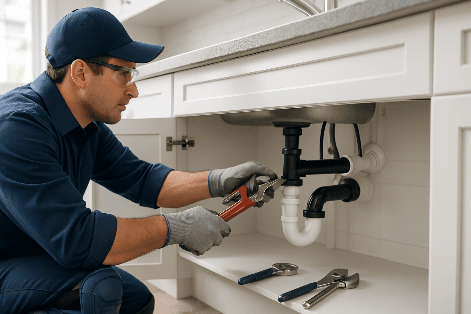 Plumber fixing leaking kitchen sink pipe under cabinet