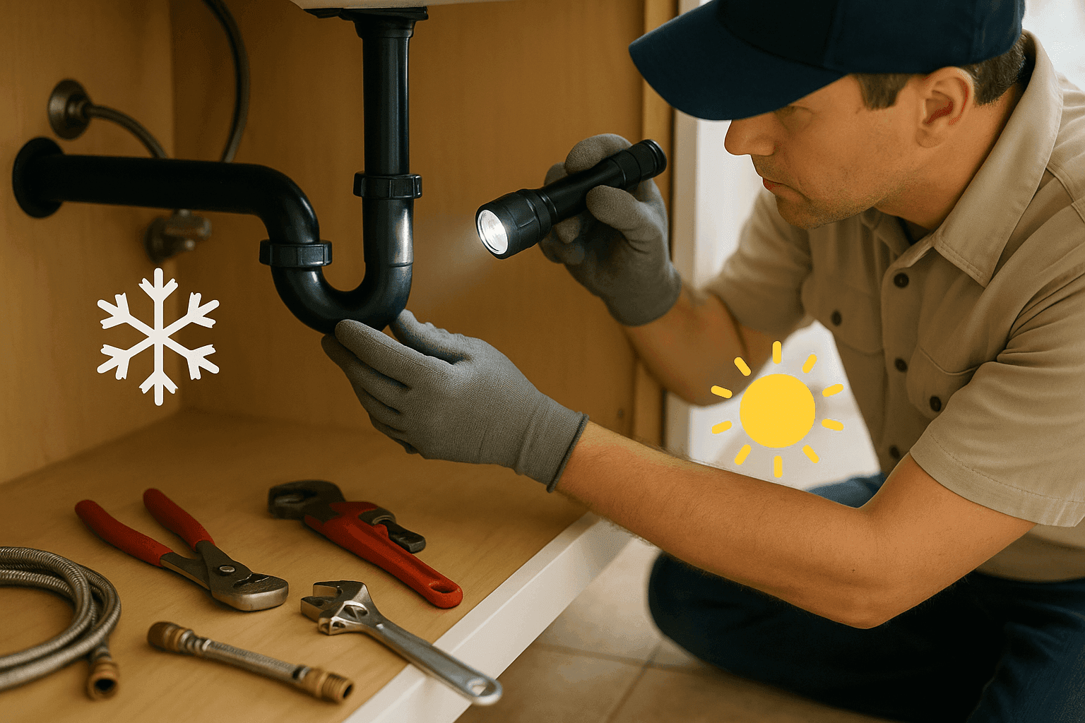 Homeowner performing seasonal plumbing maintenance under kitchen sink