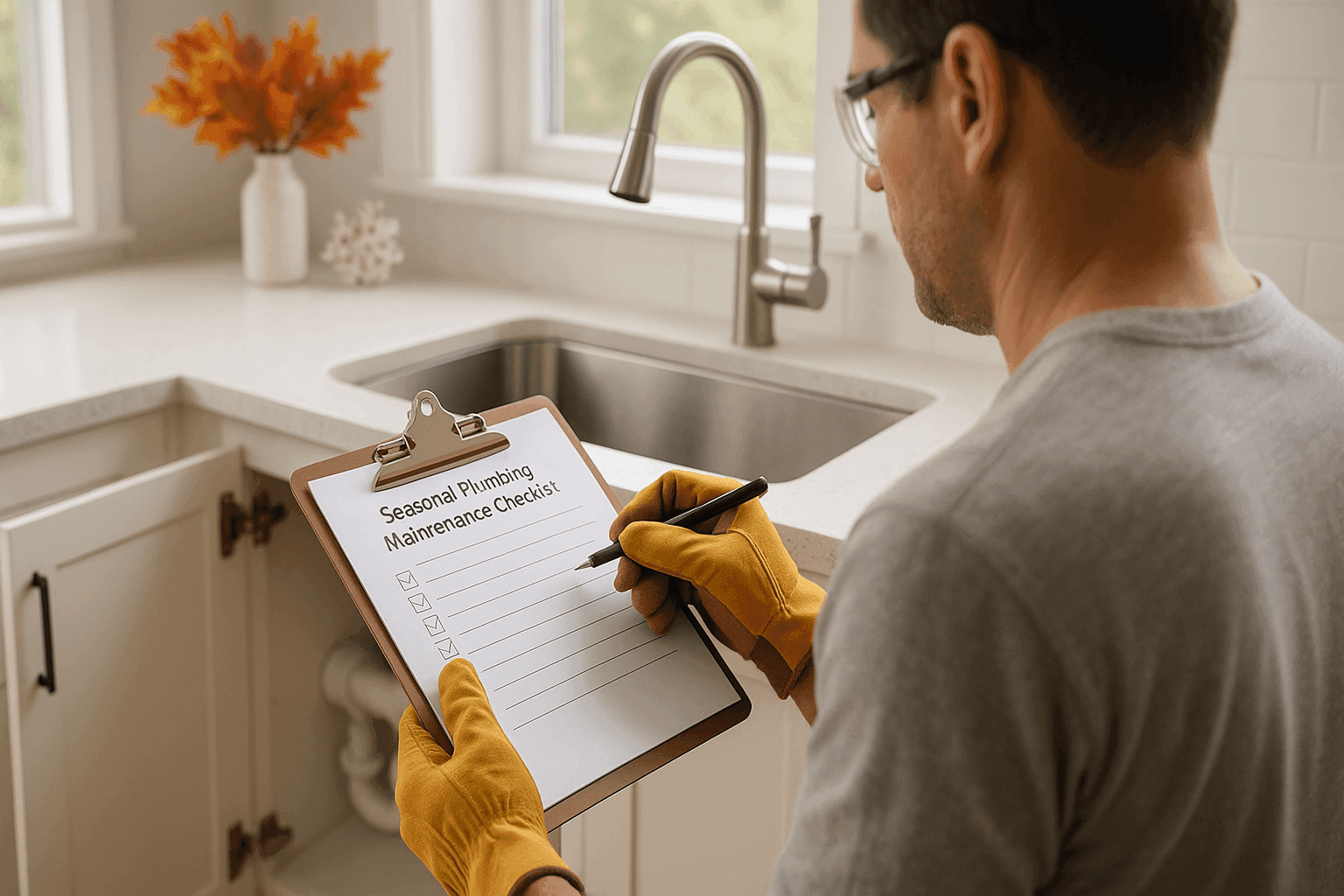 Homeowner checking off seasonal plumbing maintenance list in kitchen