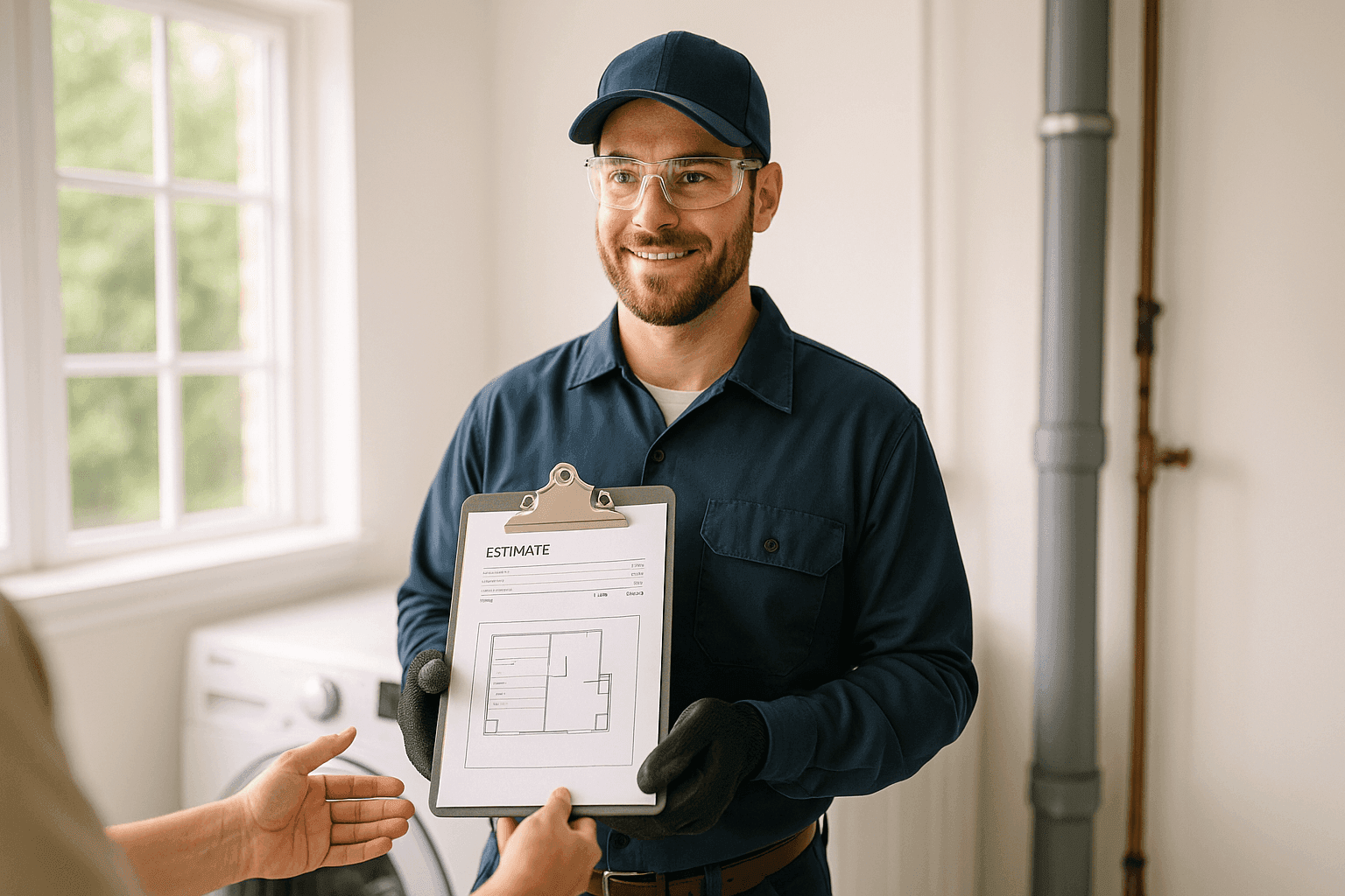 Technician explaining sewer line repair estimate to homeowner with floor plans