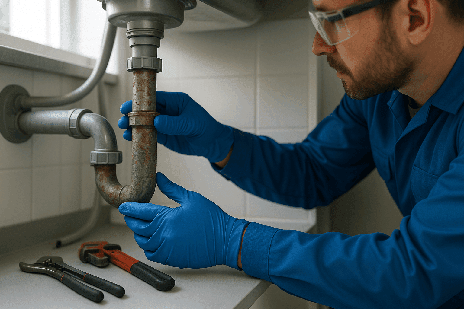 Plumber inspecting corroded pipes under residential sink