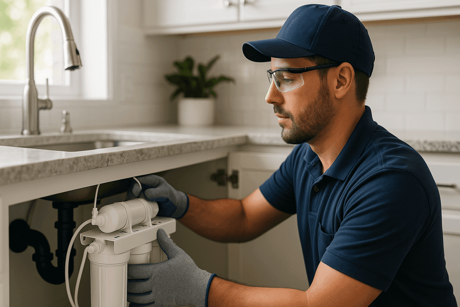 Technician installing under-sink water filtration system in home