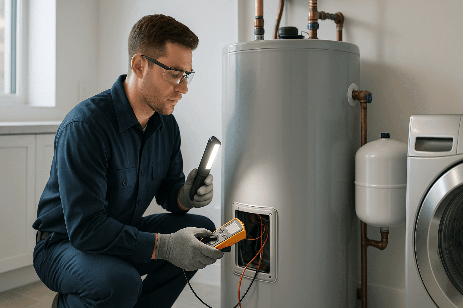 Technician inspecting water heater tank with diagnostic tools