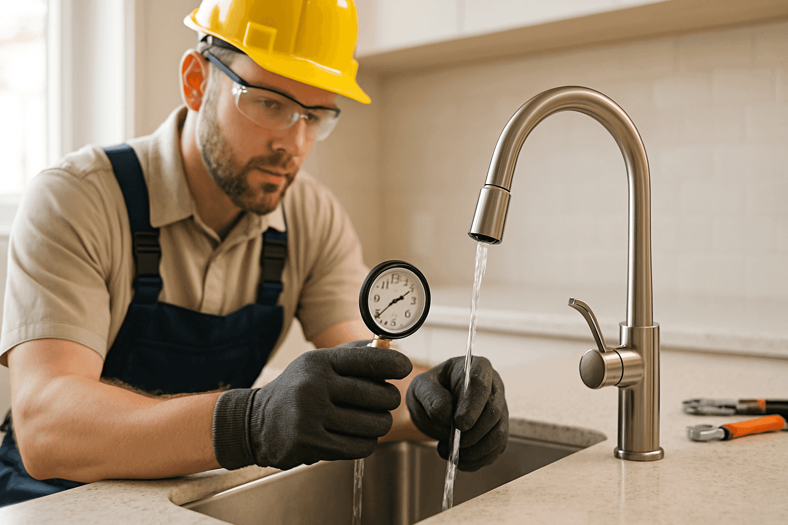 Technician testing water pressure at kitchen faucet with gauge