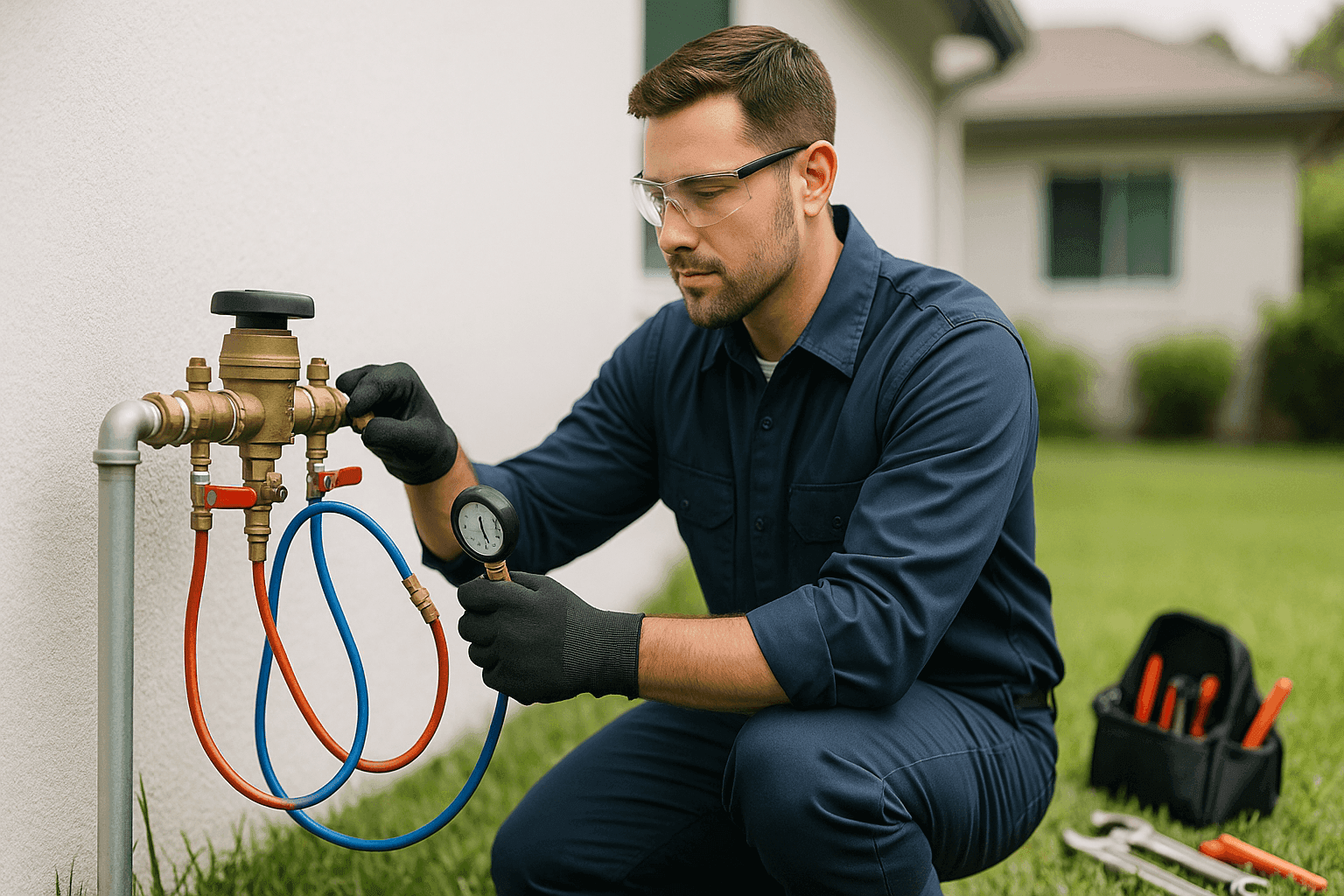 Plumber testing residential backflow prevention device outdoors
